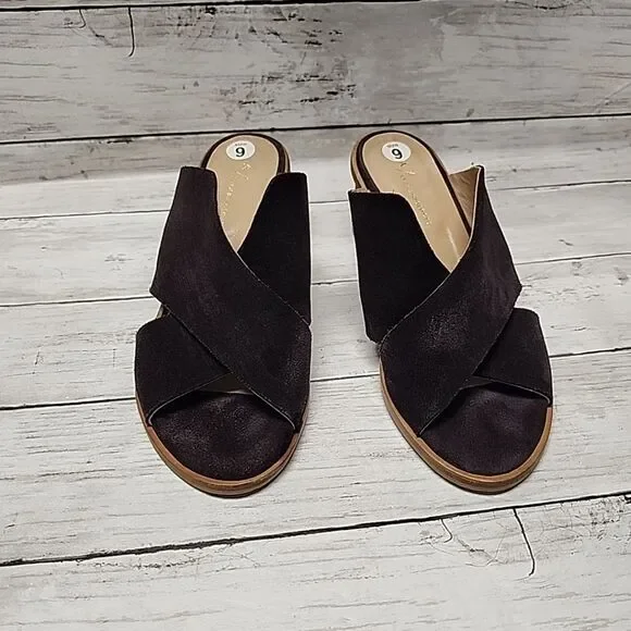 Anthropologie Criss-Cross Brown Suede Block Heel Slip-on Sandals Mules Sz 9 - Picture 2 of 10